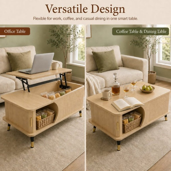 English Elm Wood Grain Lift Top Coffee Table with Hidden Compartment and Open Shelf Storage Natural W6010P522789