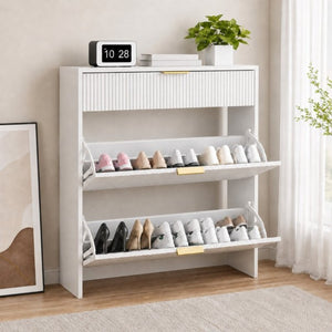 English Elm Narrow Fluted Entryway Cabinet with Gold Handles Mid-Century Slim Shoe Organizer White W6010P522796