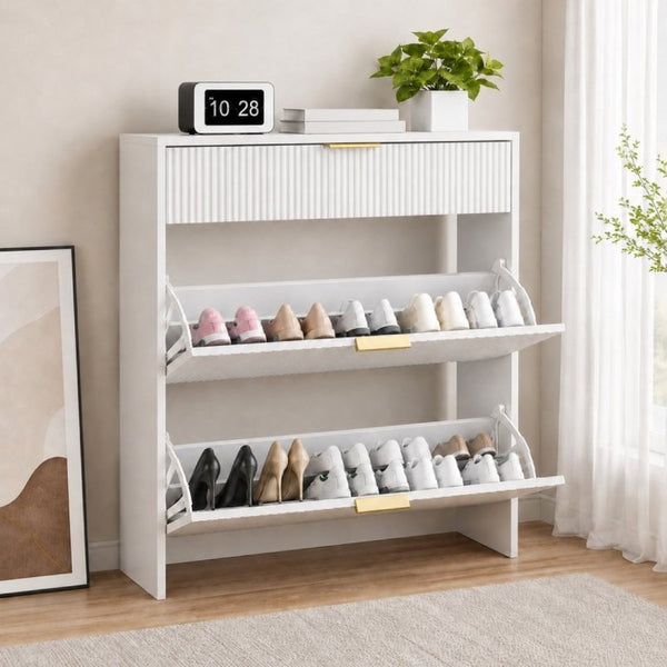 English Elm Narrow Fluted Entryway Cabinet with Gold Handles Mid-Century Slim Shoe Organizer White W6010P522796