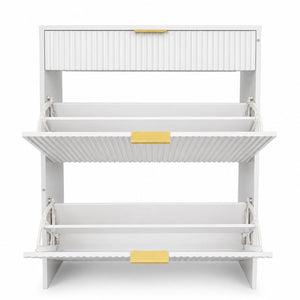 English Elm Narrow Fluted Entryway Cabinet with Gold Handles Mid-Century Slim Shoe Organizer White W6010P522796