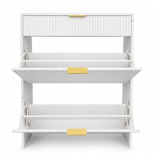 English Elm Narrow Fluted Entryway Cabinet with Gold Handles Mid-Century Slim Shoe Organizer White W6010P522796