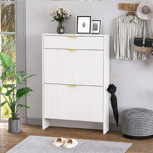 English Elm Narrow Fluted Entryway Cabinet with Gold Handles Mid-Century Slim Shoe Organizer White W6010P522796