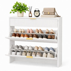 English Elm Narrow Fluted Entryway Cabinet with Gold Handles Mid-Century Slim Shoe Organizer White W6010P522796