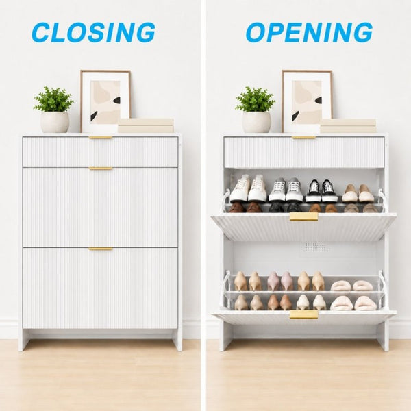 English Elm Narrow Fluted Entryway Cabinet with Gold Handles Mid-Century Slim Shoe Organizer White W6010P522796