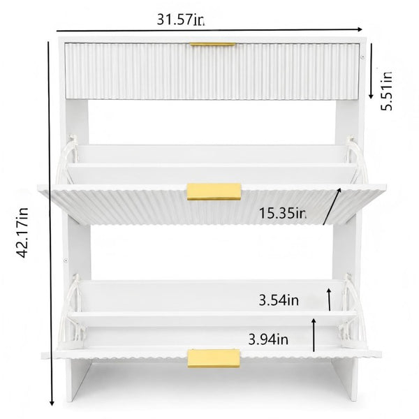 English Elm Narrow Fluted Entryway Cabinet with Gold Handles Mid-Century Slim Shoe Organizer White W6010P522796
