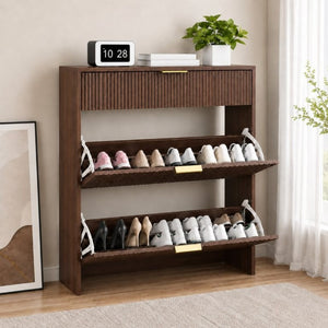 English Elm Narrow Fluted Entryway Cabinet with Gold Handles Mid-Century Slim Shoe Organizer Walnut W6010P522797