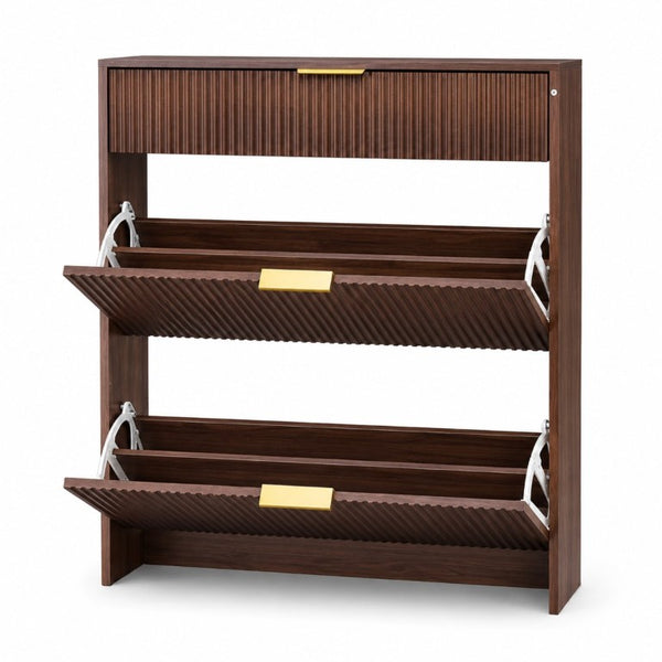 English Elm Narrow Fluted Entryway Cabinet with Gold Handles Mid-Century Slim Shoe Organizer Walnut W6010P522797