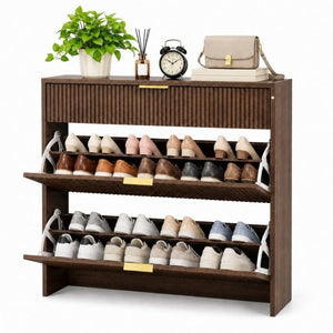 English Elm Narrow Fluted Entryway Cabinet with Gold Handles Mid-Century Slim Shoe Organizer Walnut W6010P522797