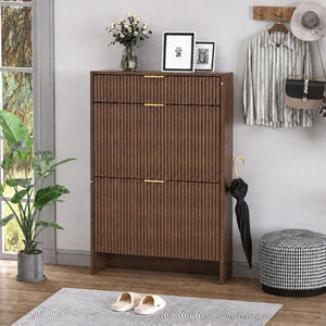 English Elm Narrow Fluted Entryway Cabinet with Gold Handles Mid-Century Slim Shoe Organizer Walnut W6010P522797