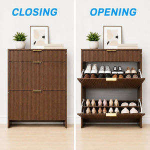 English Elm Narrow Fluted Entryway Cabinet with Gold Handles Mid-Century Slim Shoe Organizer Walnut W6010P522797