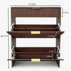 English Elm Narrow Fluted Entryway Cabinet with Gold Handles Mid-Century Slim Shoe Organizer Walnut W6010P522797