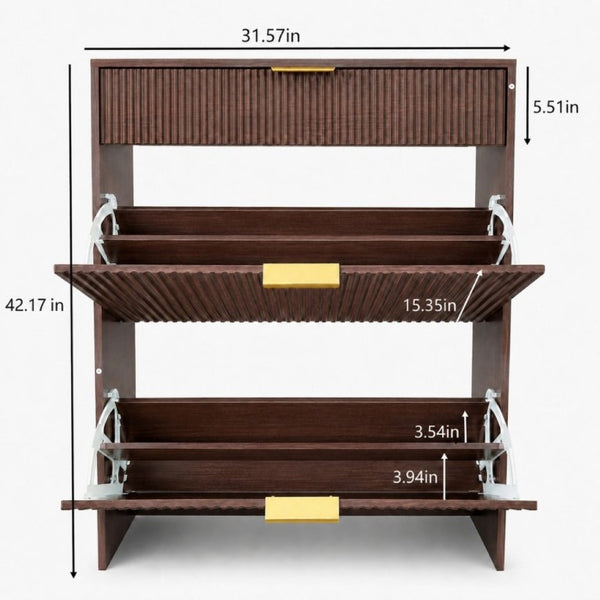 English Elm Narrow Fluted Entryway Cabinet with Gold Handles Mid-Century Slim Shoe Organizer Walnut W6010P522797