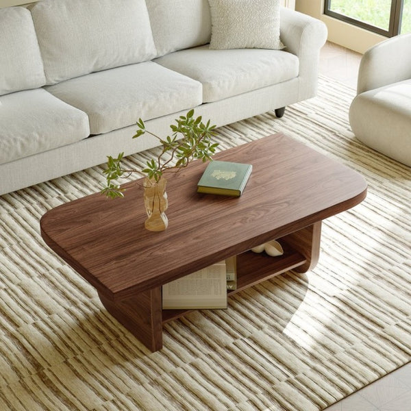 English Elm 47.2 Fan Shaped Walnut Coffee Table with Lower Shelf for Sectional Living Rooms W6013P517418