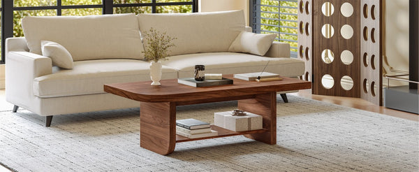 English Elm 47.2 Fan Shaped Walnut Coffee Table with Lower Shelf for Sectional Living Rooms W6013P517418