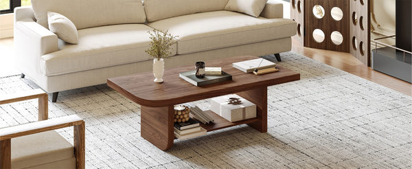 English Elm 47.2 Fan Shaped Walnut Coffee Table with Lower Shelf for Sectional Living Rooms W6013P517418