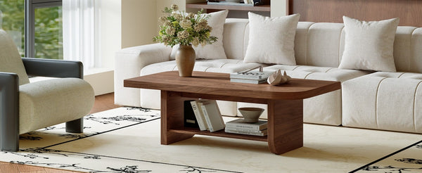 English Elm 47.2 Fan Shaped Walnut Coffee Table with Lower Shelf for Sectional Living Rooms W6013P517418