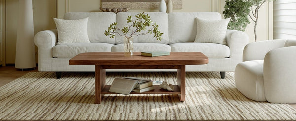English Elm 47.2 Fan Shaped Walnut Coffee Table with Lower Shelf for Sectional Living Rooms W6013P517418
