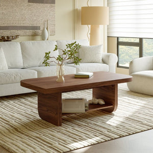 English Elm 47.2 Fan Shaped Walnut Coffee Table with Lower Shelf for Sectional Living Rooms W6013P517418