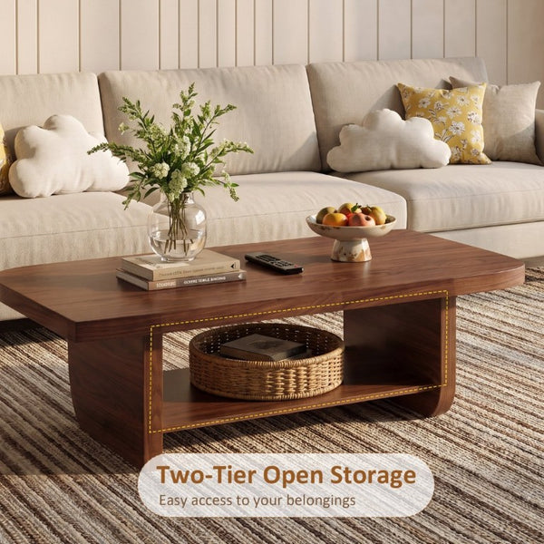 English Elm 47.2 Fan Shaped Walnut Coffee Table with Lower Shelf for Sectional Living Rooms W6013P517418