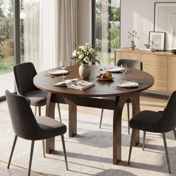 English Elm 51.2 Inch Solid Wood Round Drop Leaf Dining Table Walnut Finish Farmhouse Small Space W6013P531651