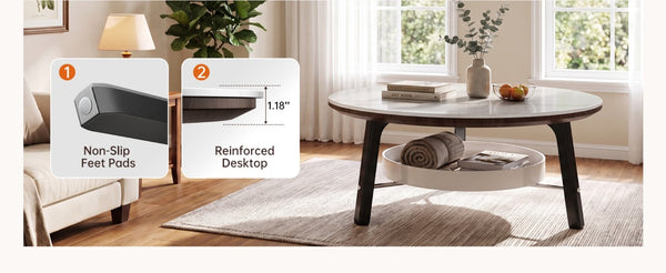 English Elm 35.43 Round Sintered Stone Coffee Table Matte Black Wood Legs Shelf Modern Living W6013P538878