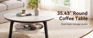English Elm 35.43 Round Sintered Stone Coffee Table Matte Black Wood Legs Shelf Modern Living W6013P538878
