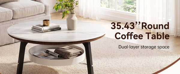 English Elm 35.43 Round Sintered Stone Coffee Table Matte Black Wood Legs Shelf Modern Living W6013P538878