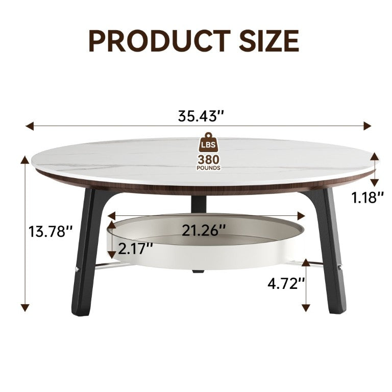 English Elm 35.43 Round Sintered Stone Coffee Table Matte Black Wood Legs Shelf Modern Living W6013P538878