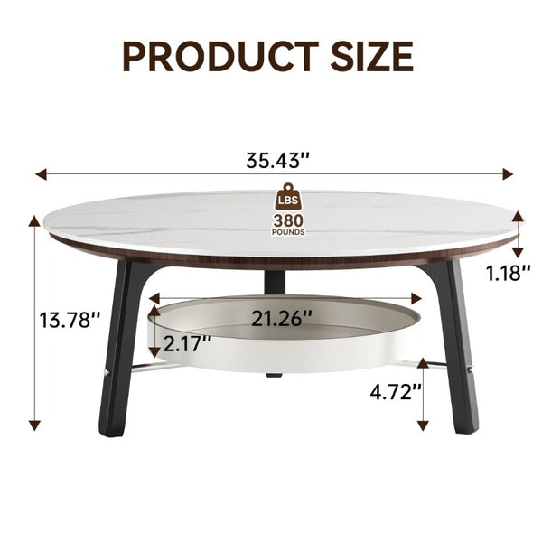 English Elm 35.43 Round Sintered Stone Coffee Table Matte Black Wood Legs Shelf Modern Living W6013P538878
