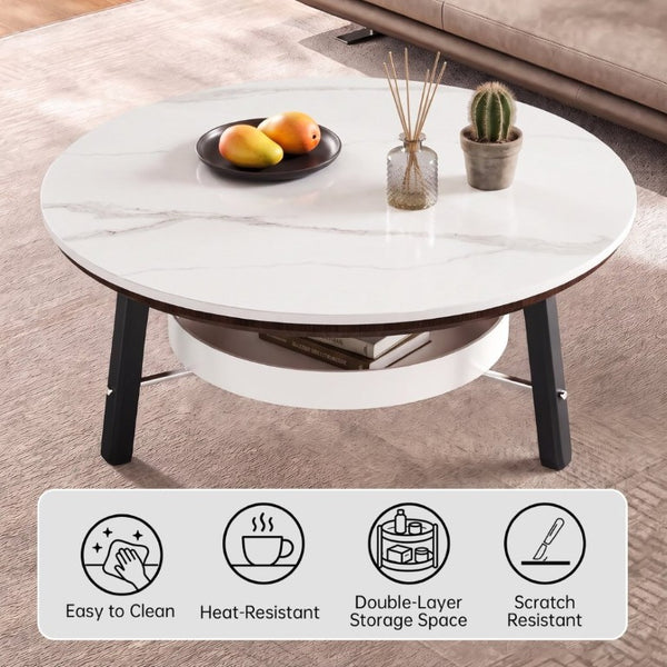 English Elm 35.43 Round Sintered Stone Coffee Table Matte Black Wood Legs Shelf Modern Living W6013P538878