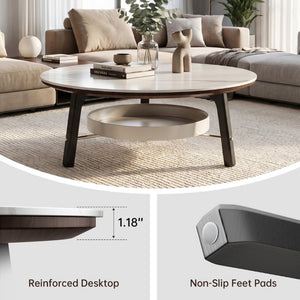 English Elm 35.43 Round Sintered Stone Coffee Table Matte Black Wood Legs Shelf Modern Living W6013P538878