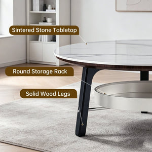 English Elm 35.43 Round Sintered Stone Coffee Table Matte Black Wood Legs Shelf Modern Living W6013P538878