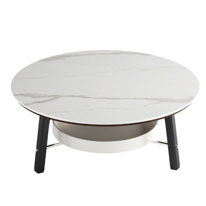 English Elm 35.43 Round Sintered Stone Coffee Table Matte Black Wood Legs Shelf Modern Living W6013P538878