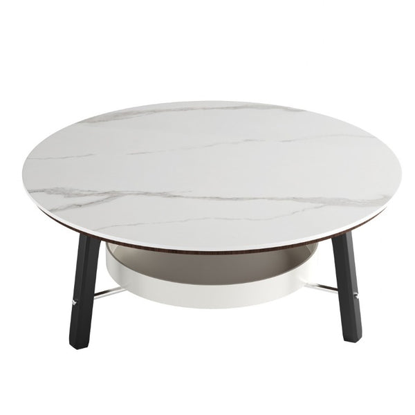 English Elm 35.43 Round Sintered Stone Coffee Table Matte Black Wood Legs Shelf Modern Living W6013P538878
