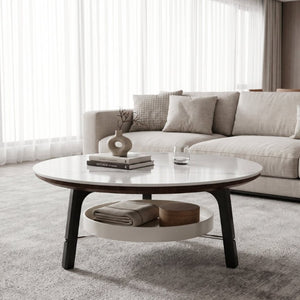 English Elm 35.43 Round Sintered Stone Coffee Table Matte Black Wood Legs Shelf Modern Living W6013P538878