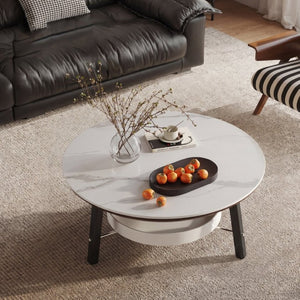 English Elm 35.43 Round Sintered Stone Coffee Table Matte Black Wood Legs Shelf Modern Living W6013P538878