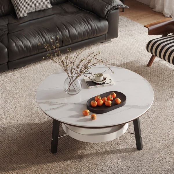 English Elm 35.43 Round Sintered Stone Coffee Table Matte Black Wood Legs Shelf Modern Living W6013P538878