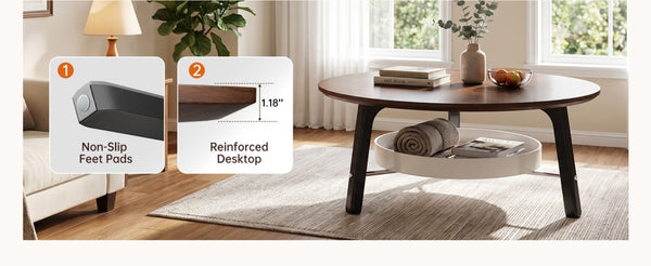 English Elm 35.43 Round Walnut Grain Coffee Table with Removable Shelf and Black Legs W6013P538879