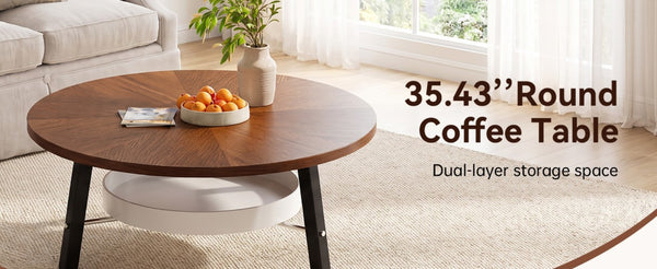 English Elm 35.43 Round Walnut Grain Coffee Table with Removable Shelf and Black Legs W6013P538879
