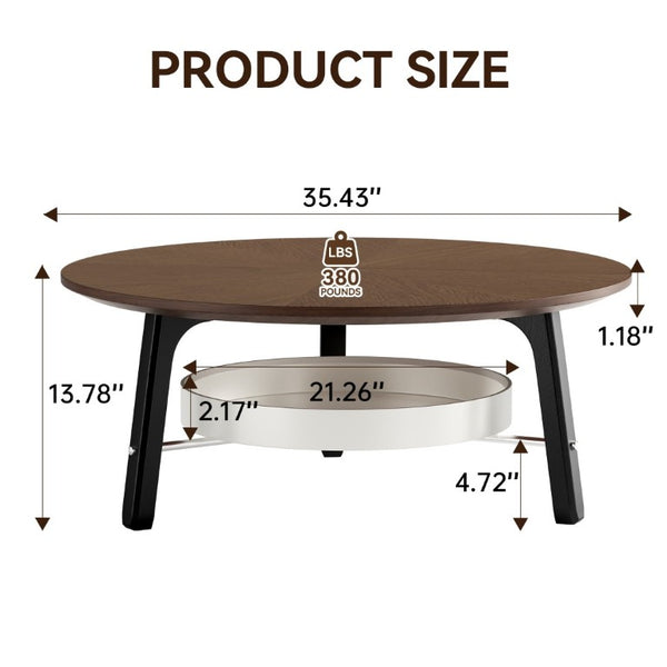 English Elm 35.43 Round Walnut Grain Coffee Table with Removable Shelf and Black Legs W6013P538879