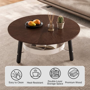 English Elm 35.43 Round Walnut Grain Coffee Table with Removable Shelf and Black Legs W6013P538879