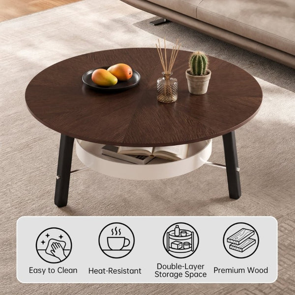 English Elm 35.43 Round Walnut Grain Coffee Table with Removable Shelf and Black Legs W6013P538879