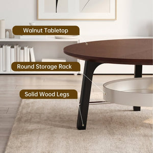 English Elm 35.43 Round Walnut Grain Coffee Table with Removable Shelf and Black Legs W6013P538879