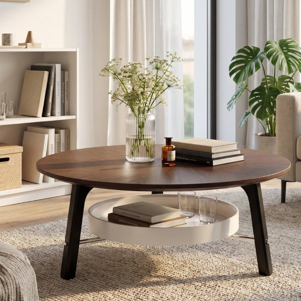 English Elm 35.43 Round Walnut Grain Coffee Table with Removable Shelf and Black Legs W6013P538879