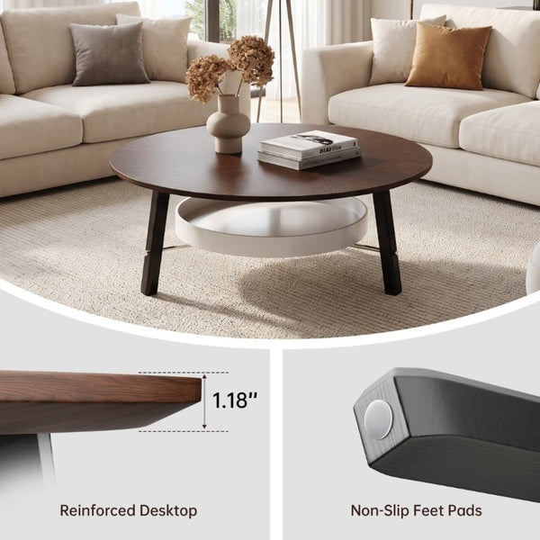 English Elm 35.43 Round Walnut Grain Coffee Table with Removable Shelf and Black Legs W6013P538879