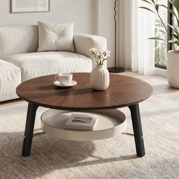 English Elm 35.43 Round Walnut Grain Coffee Table with Removable Shelf and Black Legs W6013P538879