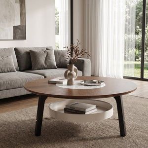English Elm 35.43 Round Walnut MDF Coffee Table Sintered Stone Inlay Shelf Modern Living Room W6013P538882