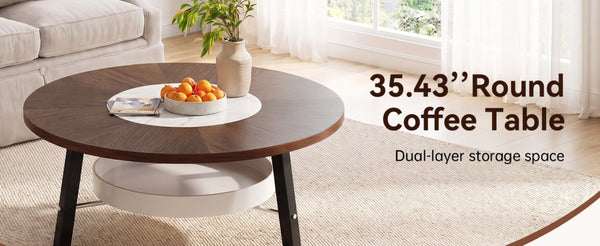 English Elm 35.43 Round Walnut MDF Coffee Table Sintered Stone Inlay Shelf Modern Living Room W6013P538882