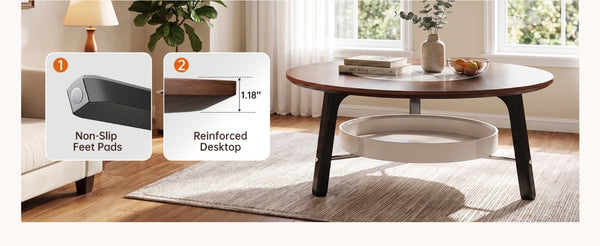 English Elm 35.43 Round Walnut MDF Coffee Table Sintered Stone Inlay Shelf Modern Living Room W6013P538882
