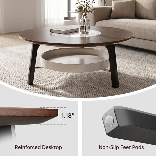 English Elm 35.43 Round Walnut MDF Coffee Table Sintered Stone Inlay Shelf Modern Living Room W6013P538882